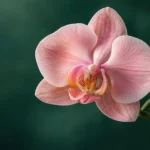 Pink orchid in close-up against a deep sea-green background