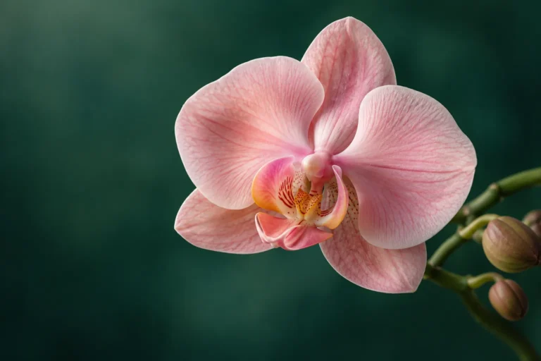 Pink orchid in close-up against a deep sea-green background