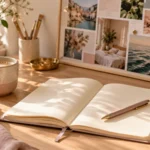Open notebook and pen beside a vision board on a sunlit desk