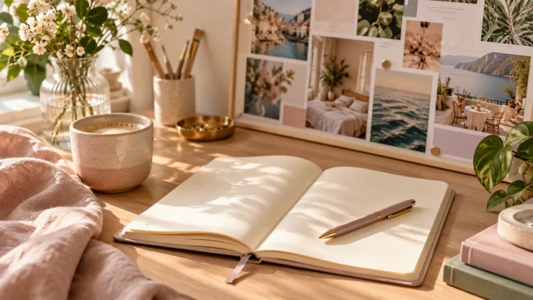Open notebook and pen beside a vision board on a sunlit desk
