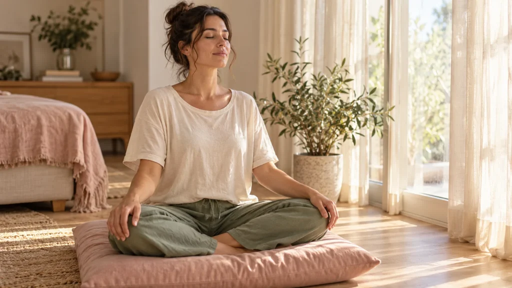 Woman meditating on a blush cushion beside a sunlit window