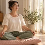 Woman meditating on a blush cushion beside a sunlit window