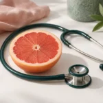 Stethoscope curled around half a pink grapefruit on a white surface