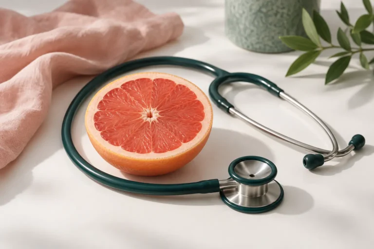 Stethoscope curled around half a pink grapefruit on a white surface