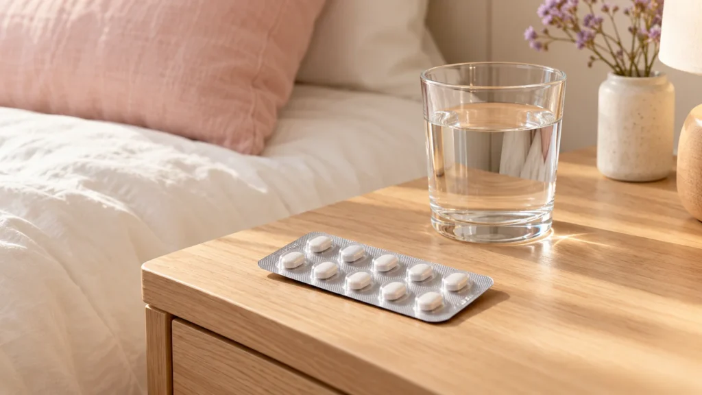 Sealed medicine blister pack and a glass of water on a bedside table.