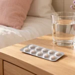 Sealed medicine blister pack and a glass of water on a bedside table.