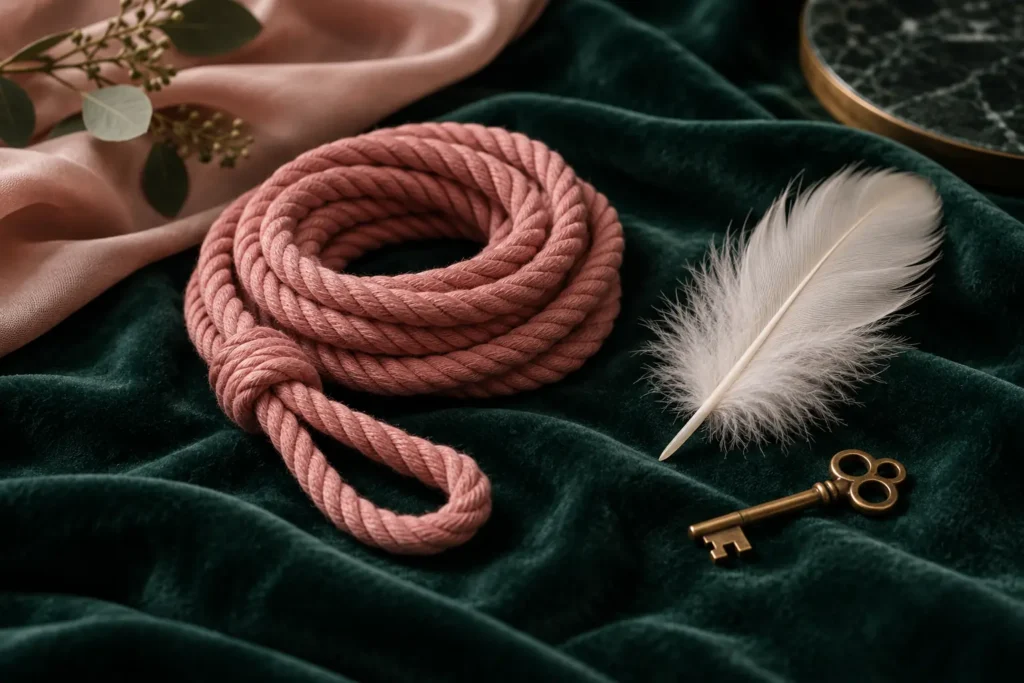 Coiled dusty pink rope, a white feather and a brass key on dark green velvet