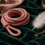 Coiled dusty pink rope, a white feather and a brass key on dark green velvet