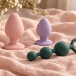 Three butt plugs in blush, lilac and sea green beside a set of anal beads on pink linen