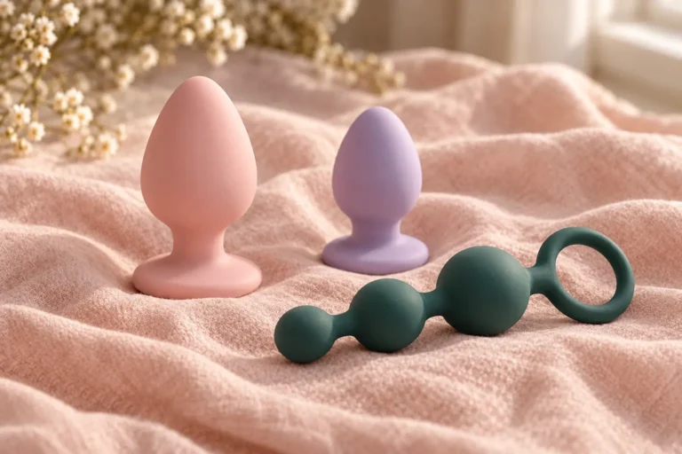 Three butt plugs in blush, lilac and sea green beside a set of anal beads on pink linen