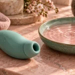Sea-green clitoral suction toy beside a ceramic dish of rippling pink water