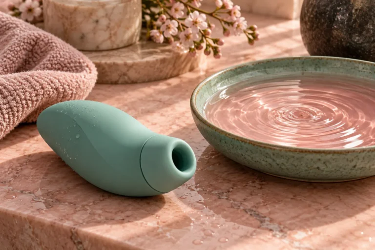 Sea-green clitoral suction toy beside a ceramic dish of rippling pink water