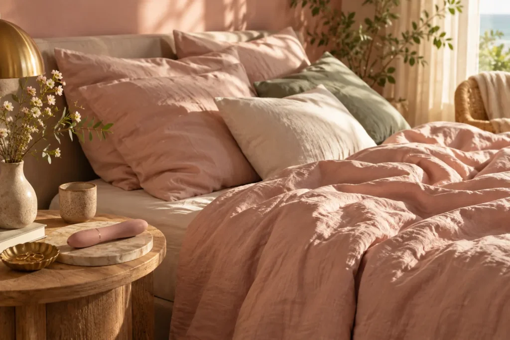 Unmade bed with blush linen and soft pillows in morning light