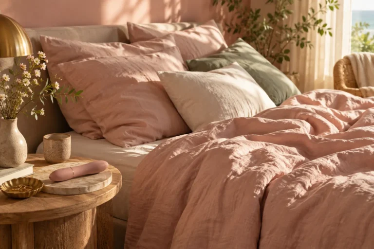 Unmade bed with blush linen and soft pillows in morning light