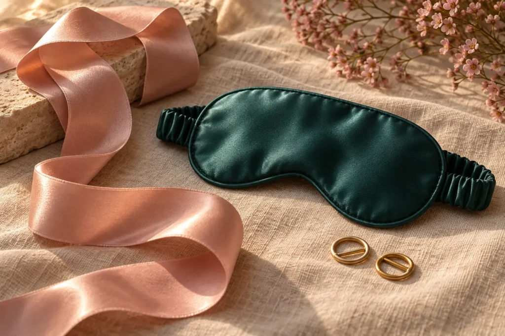 Blush satin ribbon, a sea-green satin blindfold and gold rings on linen