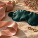 Blush satin ribbon, a sea-green satin blindfold and gold rings on linen