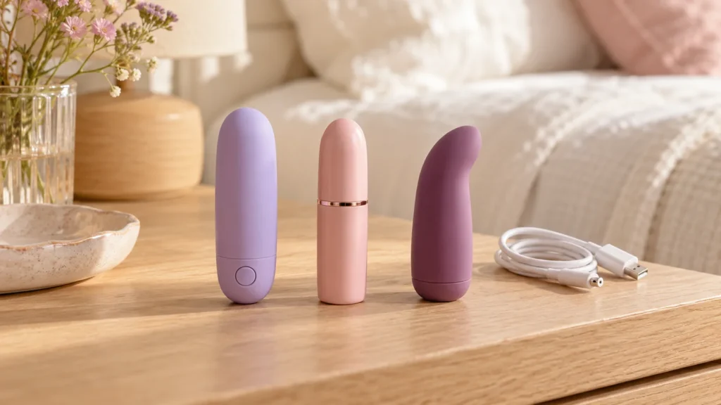 Three compact bullet vibrators in lilac, blush and plum on a pale table.