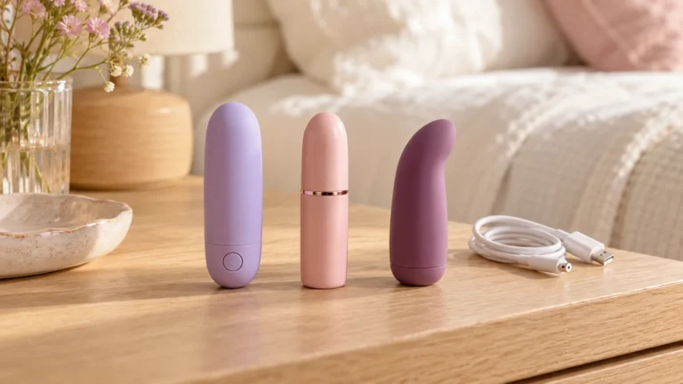 Three compact bullet vibrators in lilac, blush and plum on a pale table.