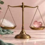 Brass balance scale holding a white feather and a pink glass heart