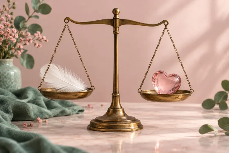Brass balance scale holding a white feather and a pink glass heart