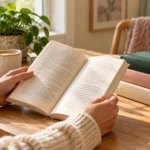 Woman in a cream jumper reading an open book at a sunlit wooden table beside a stack of books