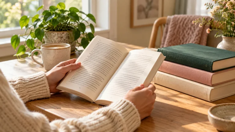 Woman in a cream jumper reading an open book at a sunlit wooden table beside a stack of books