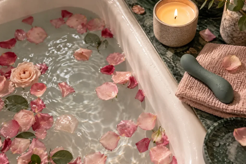 Bath scattered with rose petals beside a lit candle, a folded towel and a sea-green vibrator