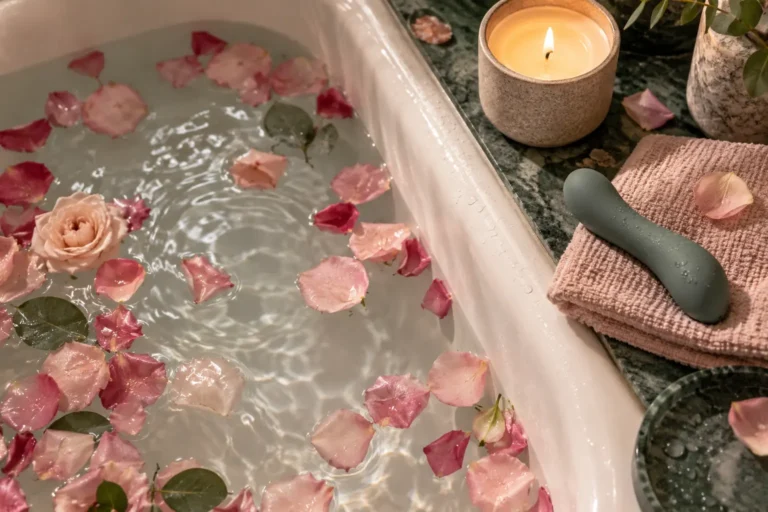 Bath scattered with rose petals beside a lit candle, a folded towel and a sea-green vibrator