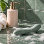 Sea-green vibrator in soap suds on bathroom tiles beside a towel and a pump bottle