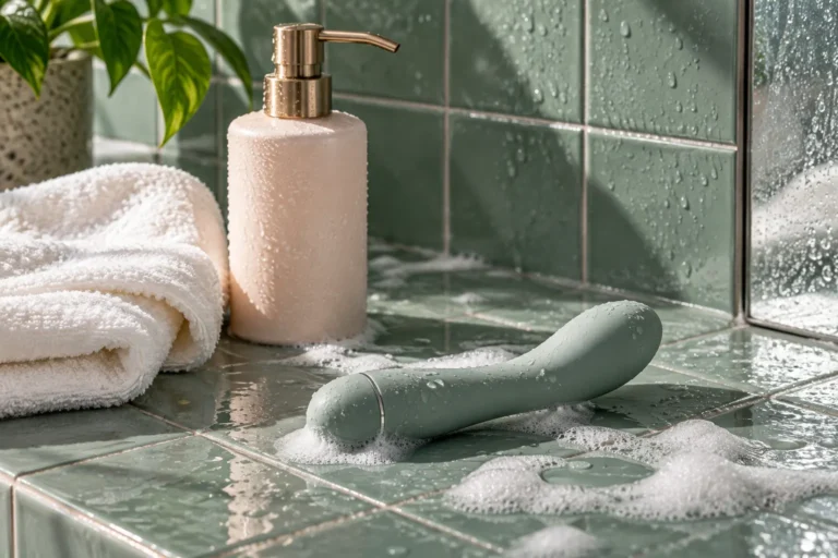 Sea-green vibrator in soap suds on bathroom tiles beside a towel and a pump bottle
