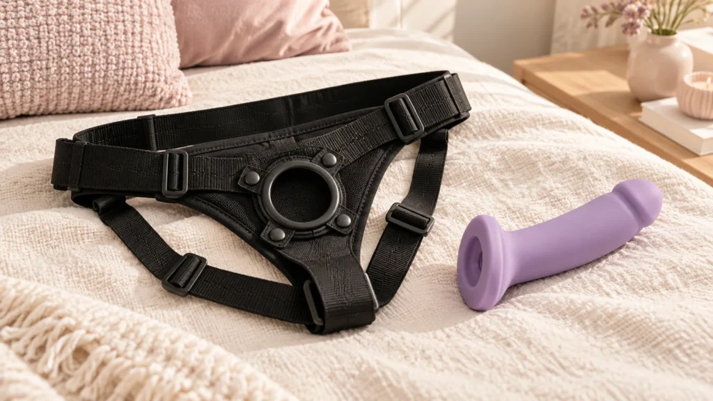Black adjustable harness and lilac silicone dildo arranged on cream linen.