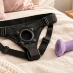 Black adjustable harness and lilac silicone dildo arranged on cream linen.