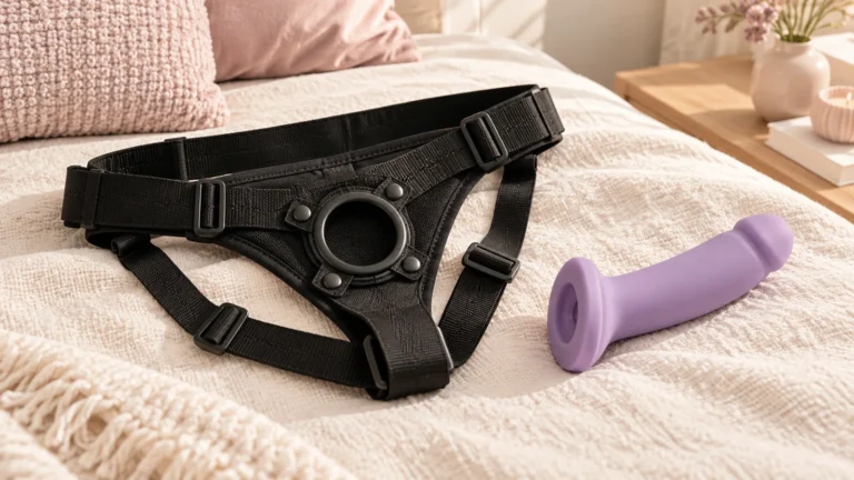 Black adjustable harness and lilac silicone dildo arranged on cream linen.