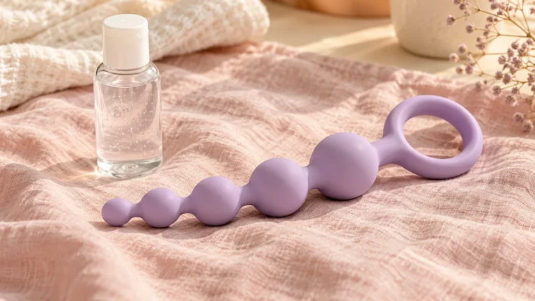 Lilac silicone anal beads with an external stop beside a lubricant bottle.