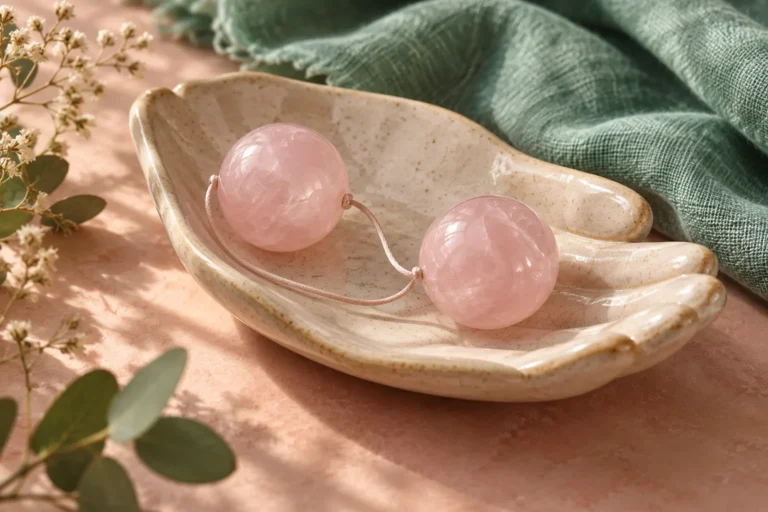 Two rose quartz kegel balls resting in a hand-shaped ceramic dish