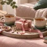 Two cups of tea on a tray with a small gift box tied with a pink ribbon
