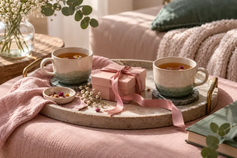 Two cups of tea on a tray with a small gift box tied with a pink ribbon