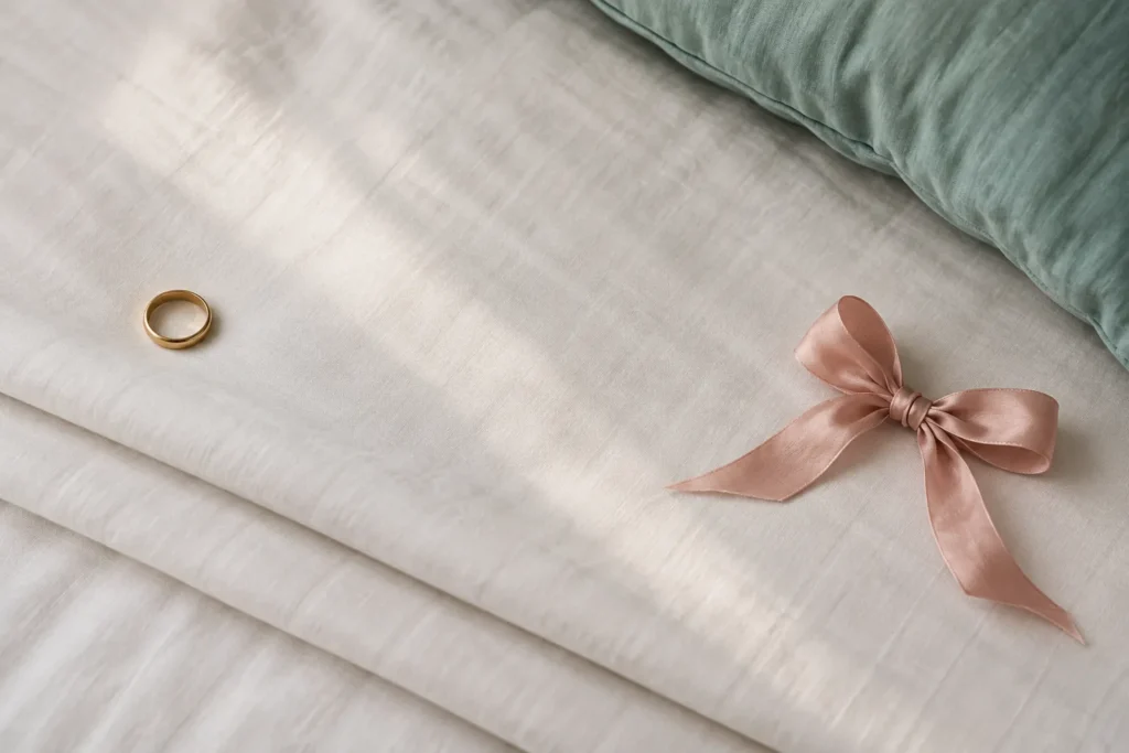 Gold ring and a pink ribbon bow on a folded white bedsheet