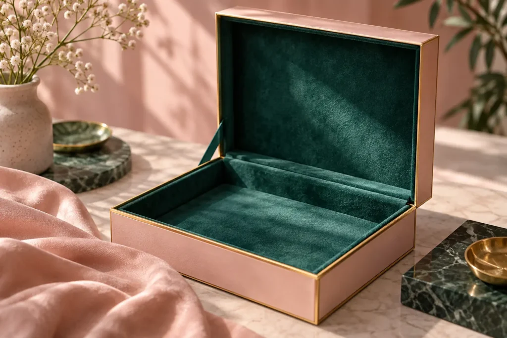 Open presentation box lined with sea-green velvet on blush linen