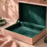 Open presentation box lined with sea-green velvet on blush linen