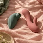 Sea-green suction toy and a pink rabbit vibrator on blush bedding