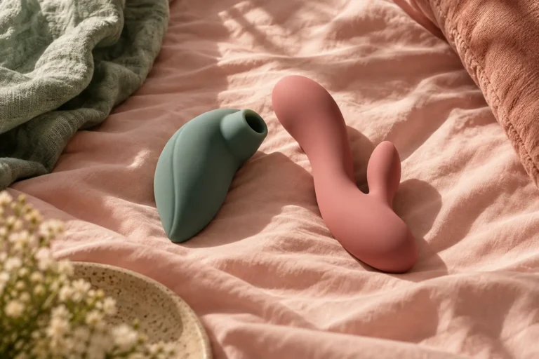 Sea-green suction toy and a pink rabbit vibrator on blush bedding