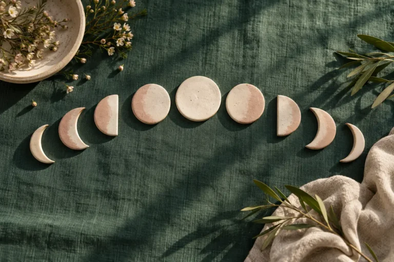 White ceramic discs arranged as moon phases on dark green cloth