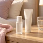 Unlabelled lubricant bottle and moisturiser tube on a pale bedside table.