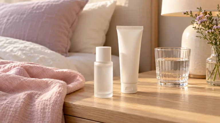 Unlabelled lubricant bottle and moisturiser tube on a pale bedside table.
