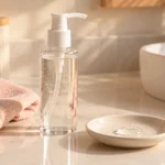 Unlabelled lubricant pump bottle and soft pink washcloth on a cream counter.