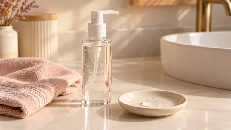 Unlabelled lubricant pump bottle and soft pink washcloth on a cream counter.