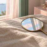 Gold hand mirror reflecting pale blue sky on cream linen