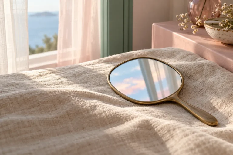 Gold hand mirror reflecting pale blue sky on cream linen