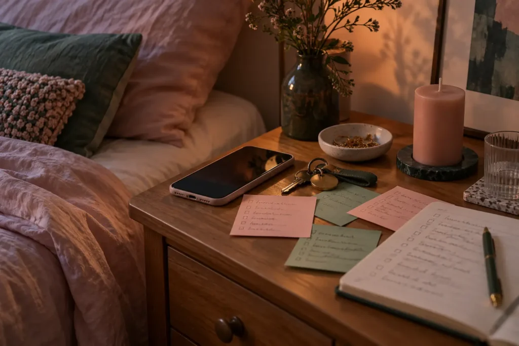 Bedside table covered in sticky notes, a phone, a notebook and an unlit candle